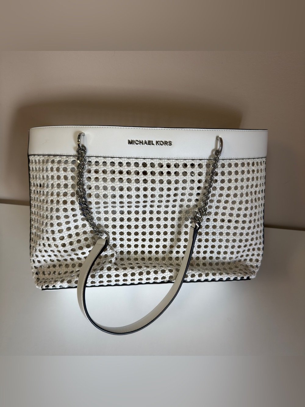 Michael Kors White Perforated Chain-Handle Tote